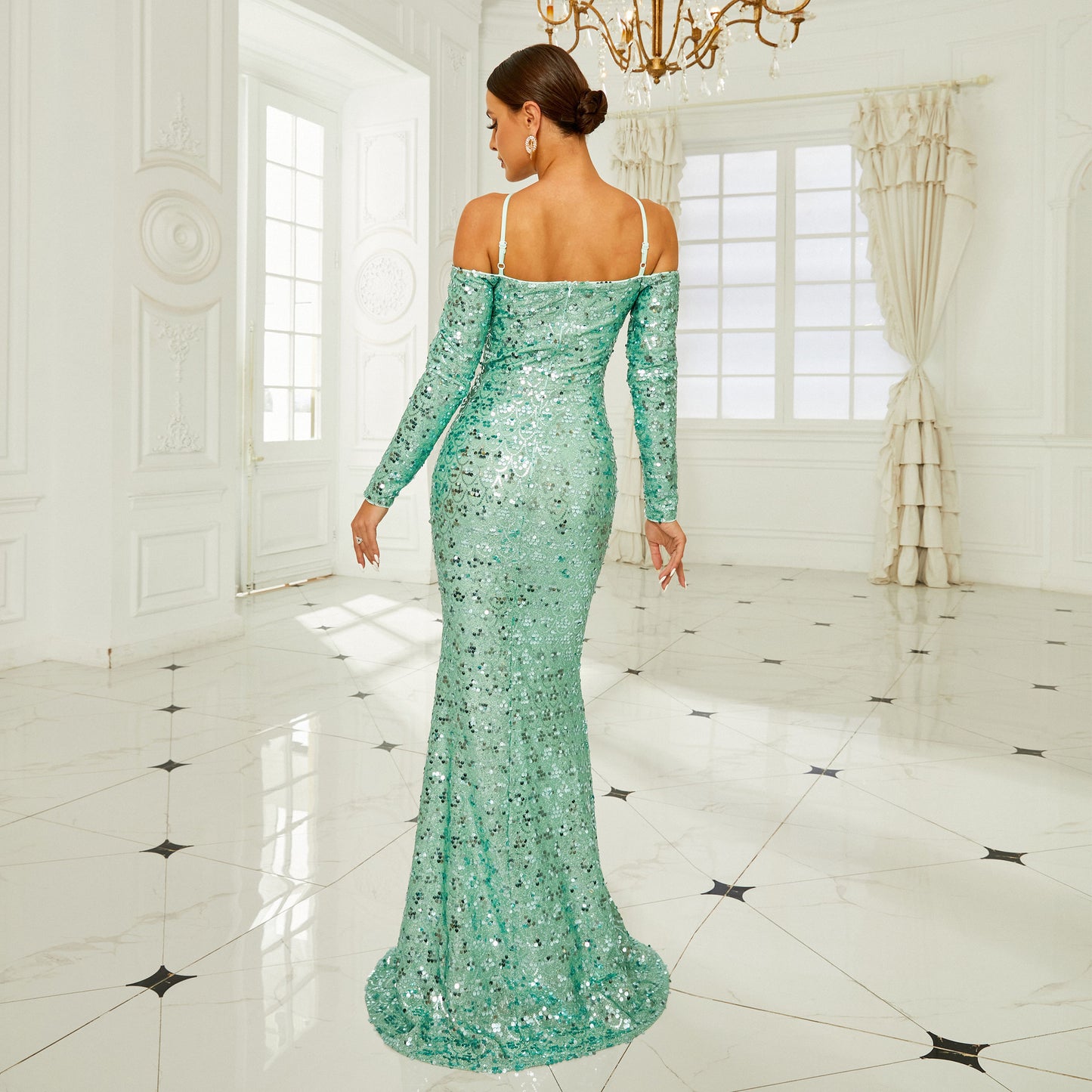 Long Sleeve Off-the-shoulder Banquet Sequined Sheath Fishtail Dress