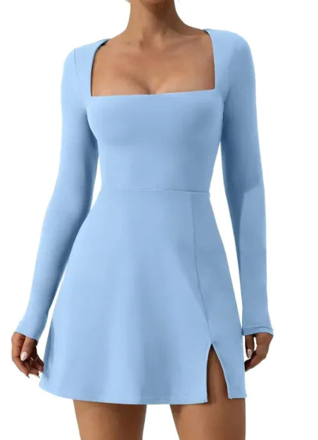 Women's Square Collar Corset Long Sleeve Slit Flared