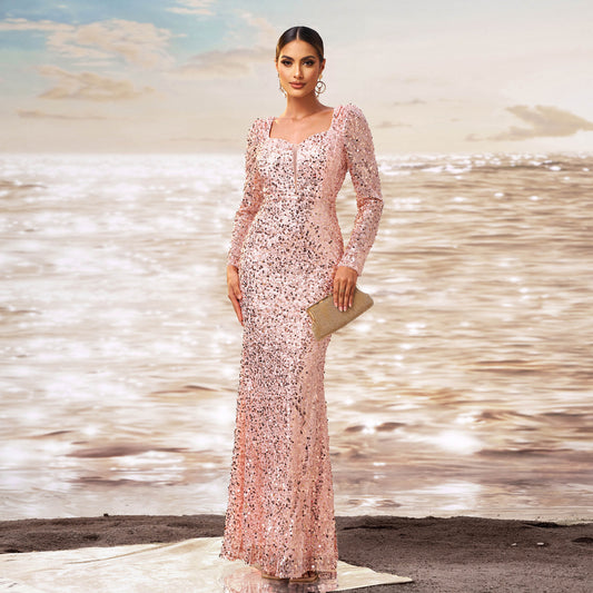 Long Sleeve Square-neck Sequined Sheath Fishtail Evening Dress