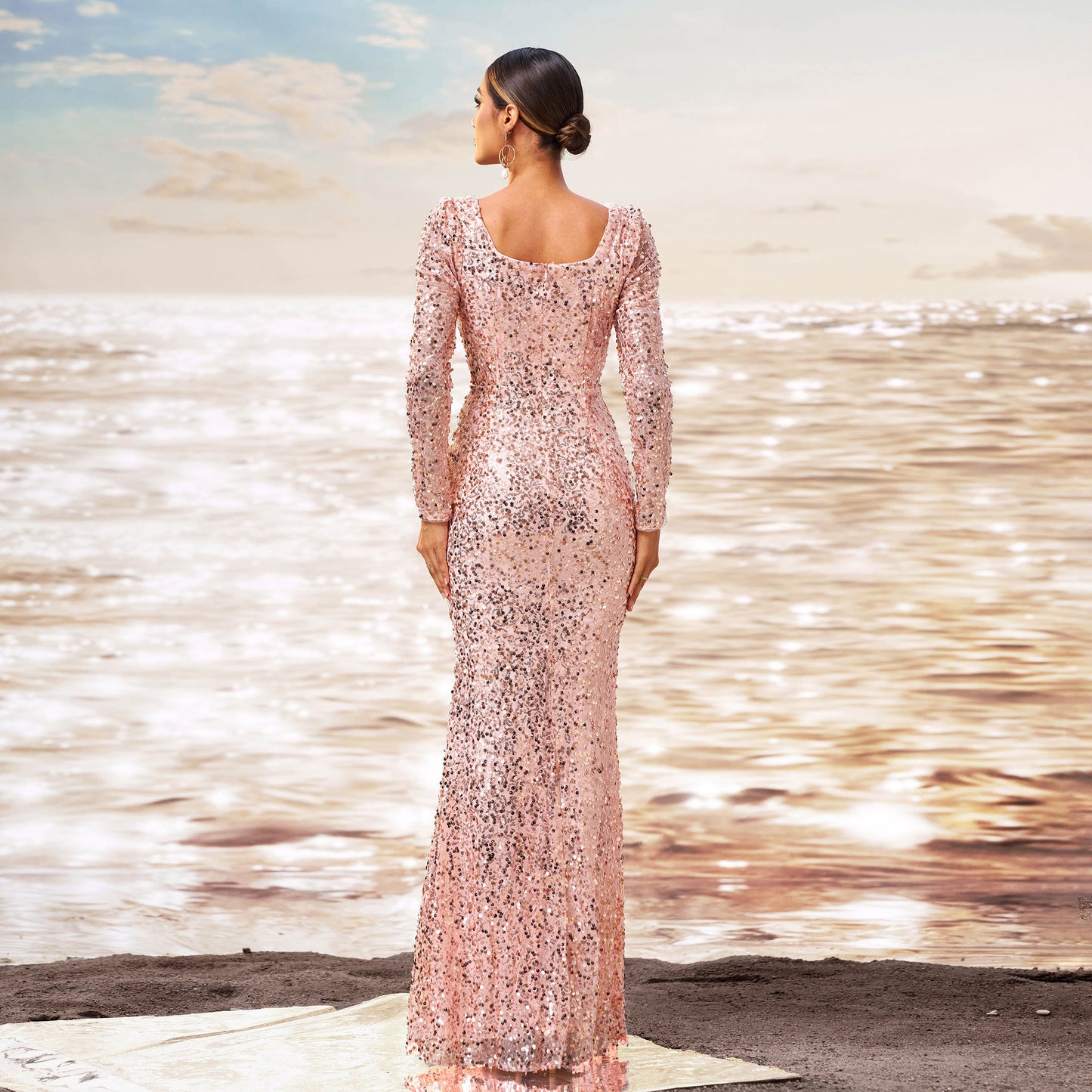 Long Sleeve Square-neck Sequined Sheath Fishtail Evening Dress