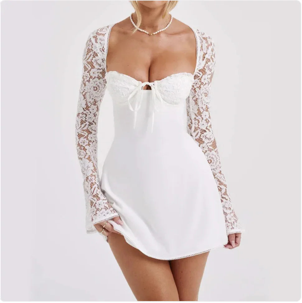 Women's Lace Corset Long Sleeve Backless Dress